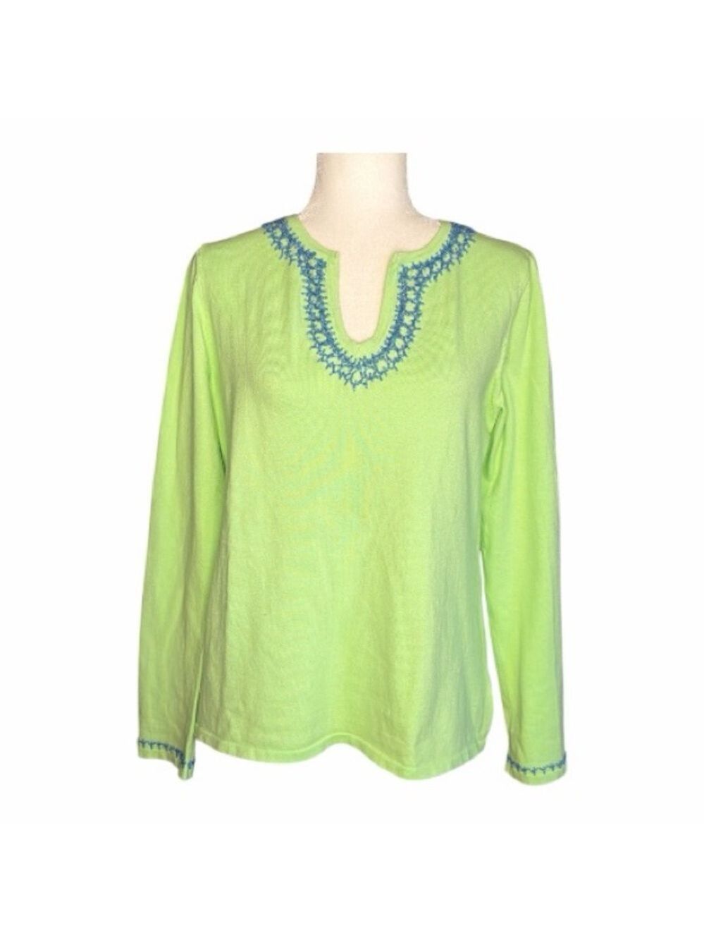 Lilly & Van Lime Green Long Sleeve Sweater with Blue Beaded Accents Size Large